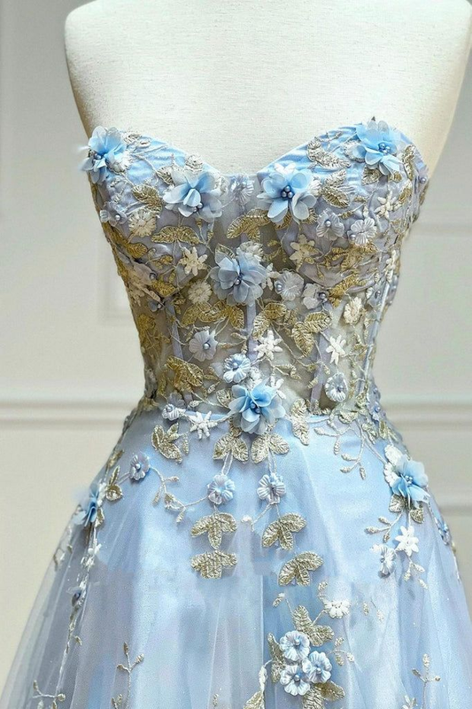 Blaues Tüll-Applikationen, langes Ballkleid, A-Linie, trägerlos, Abendkleid Y6565