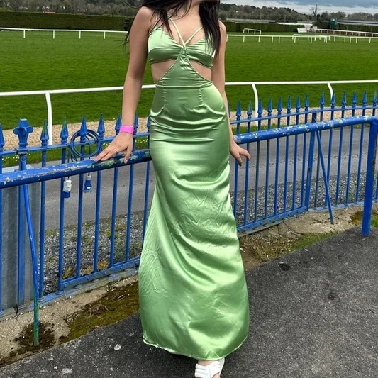 Vestido de fiesta largo de satén verde sexy con cortes y escote pronunciado Y8549