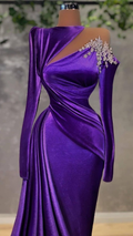 Vestido de noche de terciopelo morado de manga larga, estilo árabe, con cortes, para mujer, Y4933