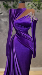 Vestido de noche de terciopelo morado de manga larga, estilo árabe, con cortes, para mujer, Y4933