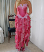 Vintage Hot Pink Spitze Chiffon Rüschen Abendkleid Trägerloses Ballkleid Y8252