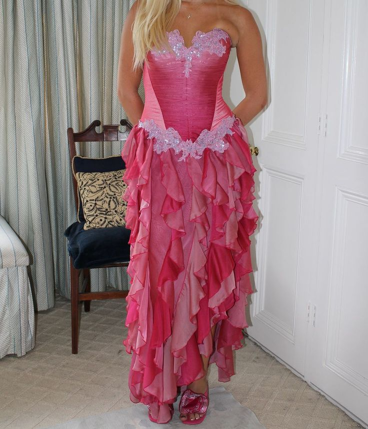 Vintage Hot Pink Spitze Chiffon Rüschen Abendkleid Trägerloses Ballkleid Y8252