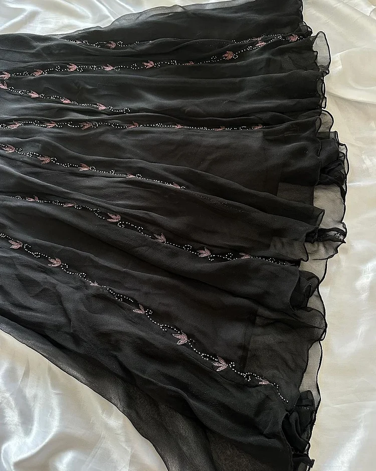 Schwarzes Chiffon Perlen Abendkleid Edle Rückenfreies Meerjungfrau Ballkleid Y8297