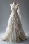 Vestido de novia elegante de gasa color marfil con volantes, plisado, cuello en V, capas, vestido de fiesta, vestido de noche Y8000