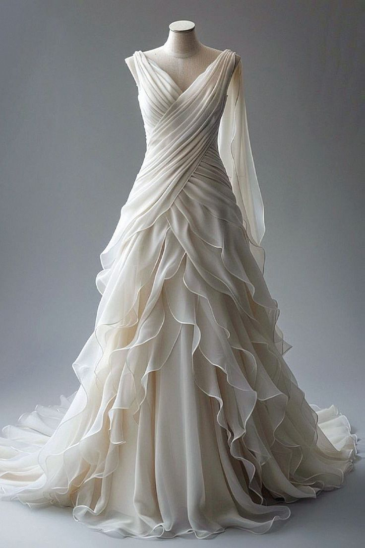 Vestido de novia elegante de gasa color marfil con volantes, plisado, cuello en V, capas, vestido de fiesta, vestido de noche Y8000