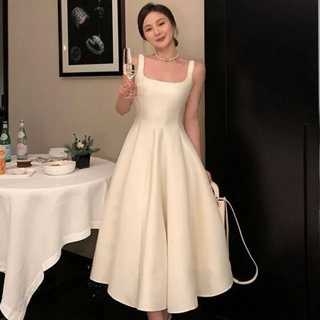 Ärmelloses, schlichtes Midi-Abendkleid in A-Linie mit quadratischem Ausschnitt Y4707