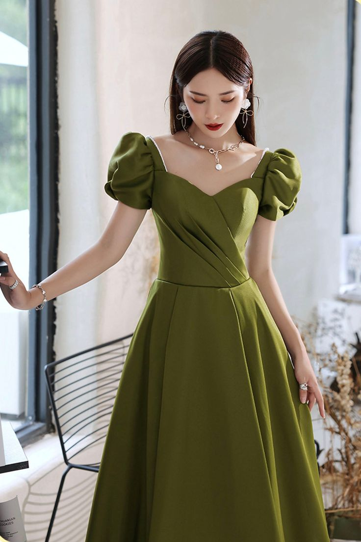 Vestidos de fiesta largos de satén verde, vestidos de noche de corte A Y7097