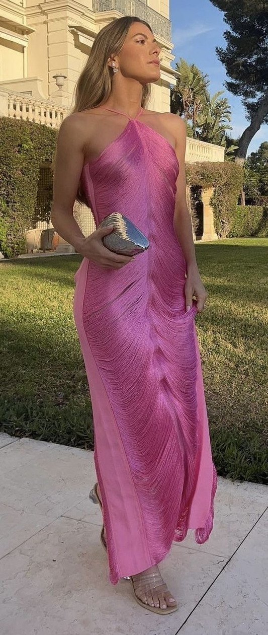 Vestido de fiesta largo de sirena con cuello halter rosa, vestido de noche formal Y8477