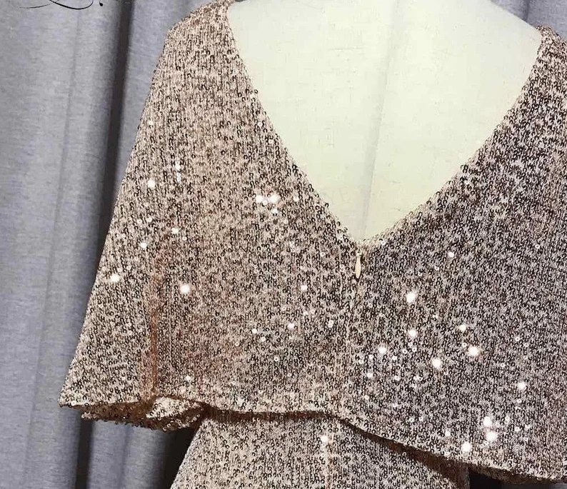 Mermaid Short Sleeves Sexy V Neck Evening Dress, Elegant Glitter Bat Sleeves Formal Party Dress Y1390