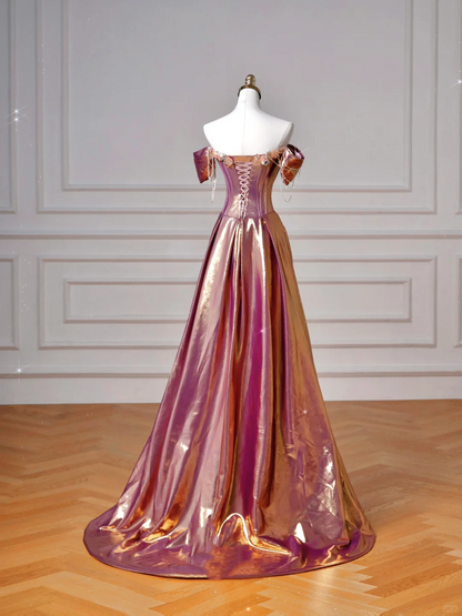 Vestido de fiesta elegante de sirena con cuentas de satén morado y hombros descubiertos, vestido de noche largo Y8605