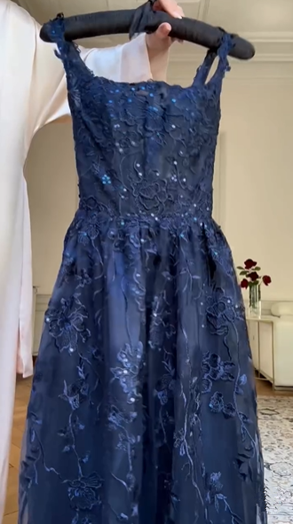 Vestido de fiesta azul marino con apliques de encaje en forma de A, elegante vestido de noche Y7830