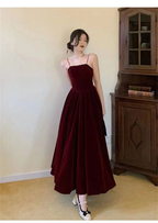 Vestido de fiesta de terciopelo burdeos con cuentas y tirantes finos, vestido de noche de longitud media Y4631