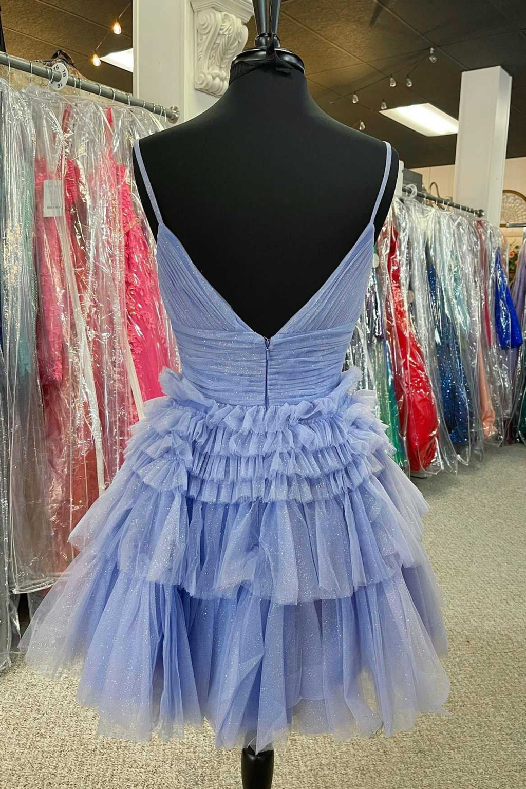 Mehrstufiges, rückenfreies A-Linien-Partykleid mit V-Ausschnitt, A-Linien-Heimkehrkleid Y2350