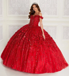 Vestido de quinceañera con escote corazón, hombros descubiertos, color verde esmeralda, con flores y cuentas hechas a mano, Y293