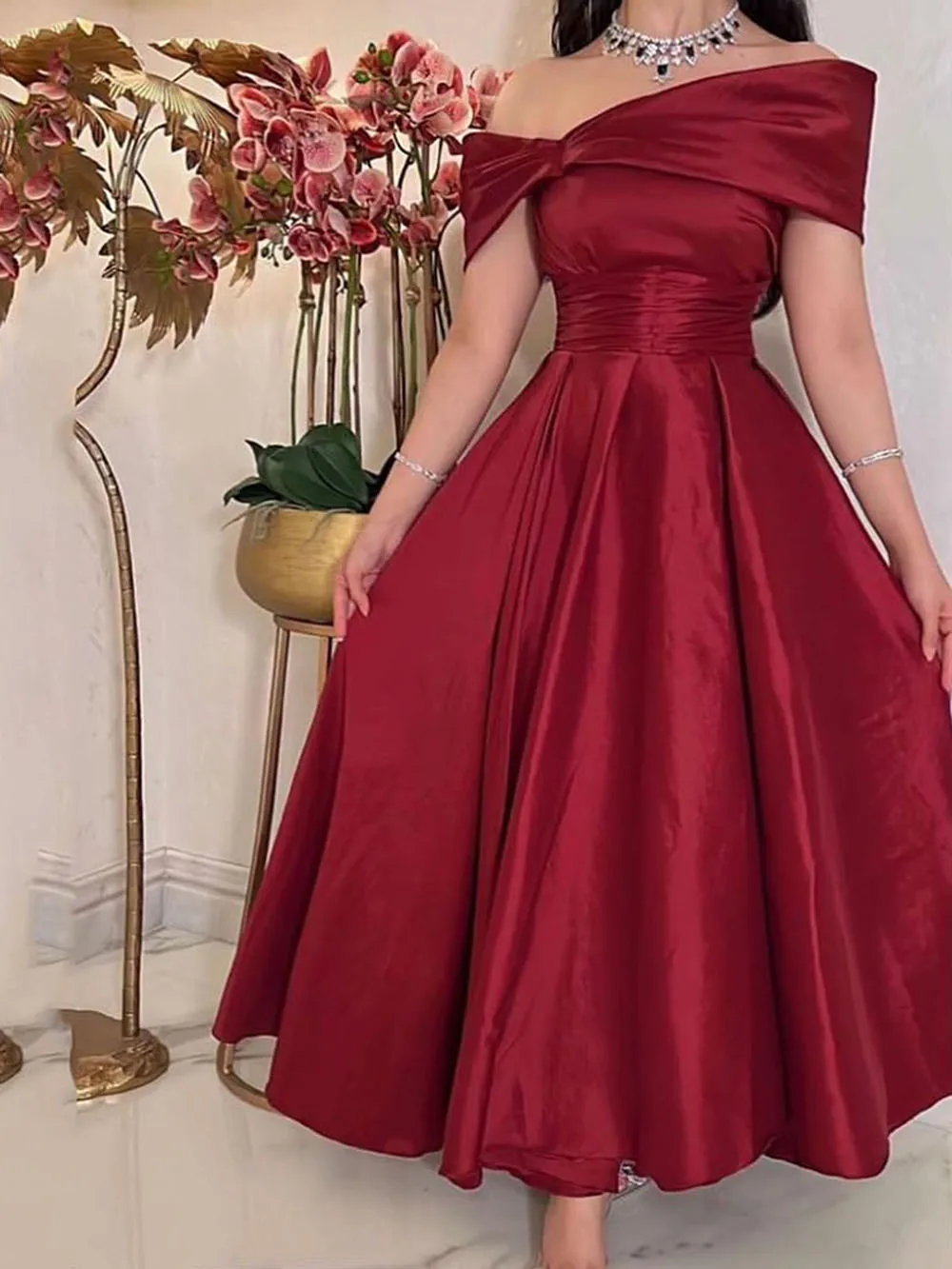 Vestidos de fiesta midi en rojo oscuro, mangas cortas, largo hasta los tobillos, estilo árabe, estilo dubaití, vestidos de noche formales Y4620