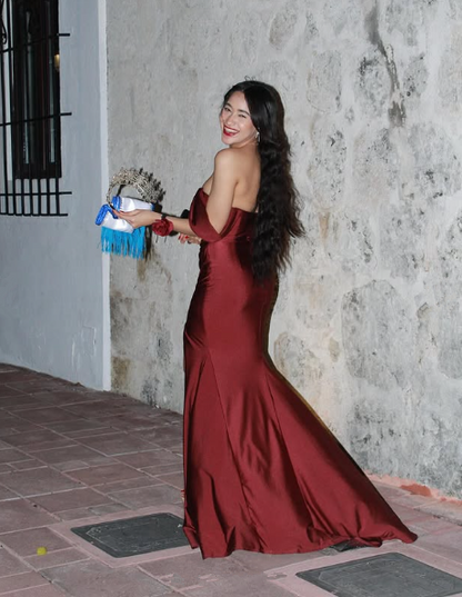 Elegante vestido de noche estilo sirena color burdeos con aberturas laterales, vestido formal de fiesta Y8414