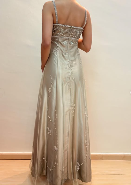 Vestido de fiesta de satén con tirantes finos y tul con cuentas, corte en A, para noche, Y8139