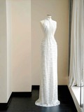 Vestido de noche largo con lentejuelas blancas, perlas y cadena, elegante, estilo vaina, para fiesta y noche, Y8670