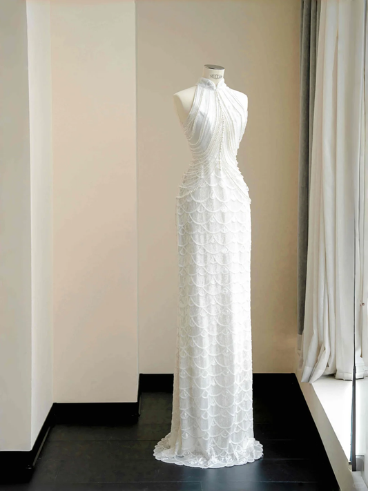 Vestido de noche largo con lentejuelas blancas, perlas y cadena, elegante, estilo vaina, para fiesta y noche, Y8670