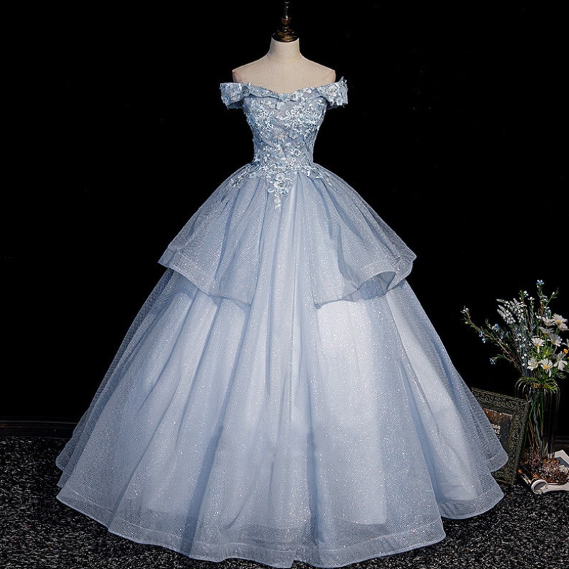 Blau Tüll Spitze lange Ballkleid Abendkleider Y4208