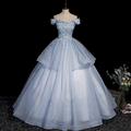 Blau Tüll Spitze lange Ballkleid Abendkleider Y4208