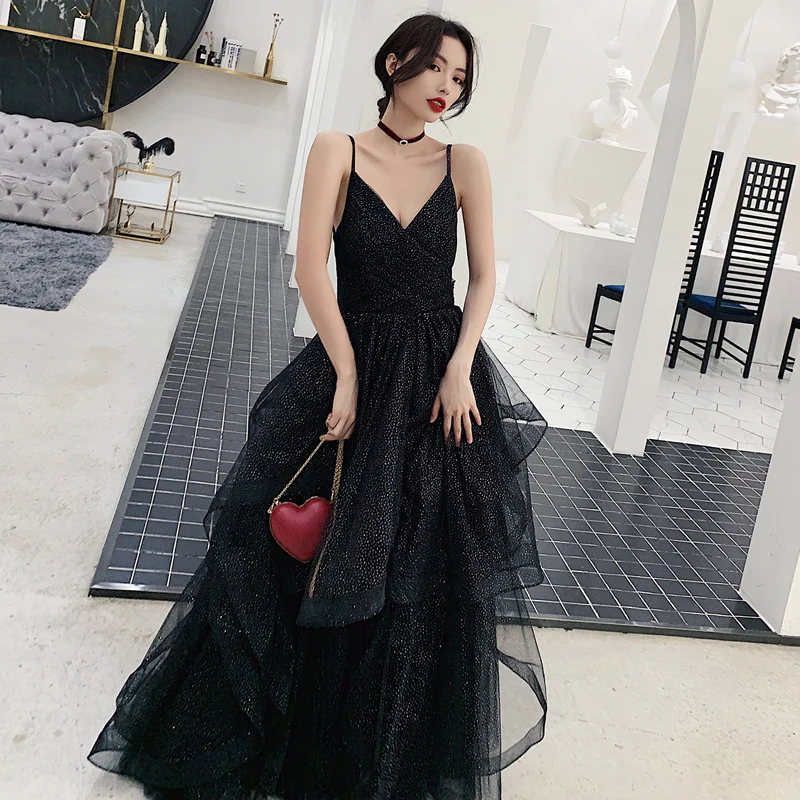 Schwarzes Tüll Pailletten Ballkleid Abendkleid Y1021