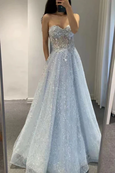 Glitzer Blau Sweetheart Tüll Pailletten Langes Ballkleid, Sexy A-Linie Abendkleid Y1391