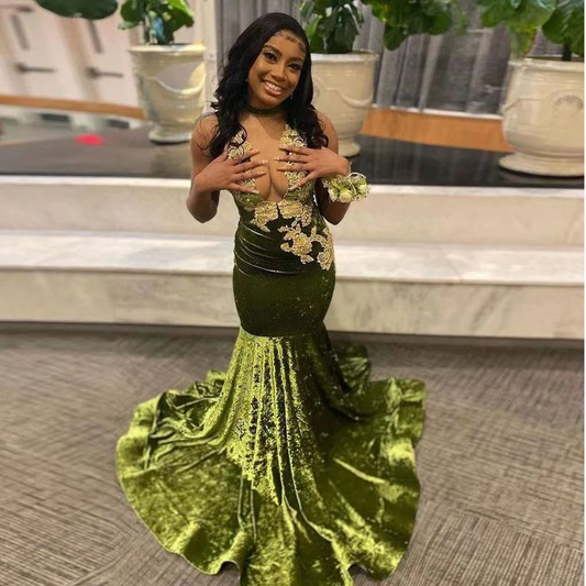 Vestido de fiesta africano para chica negra, con apliques de terciopelo, escote en V profundo, sexy, estilo sirena, para fiesta de graduación, Y6345