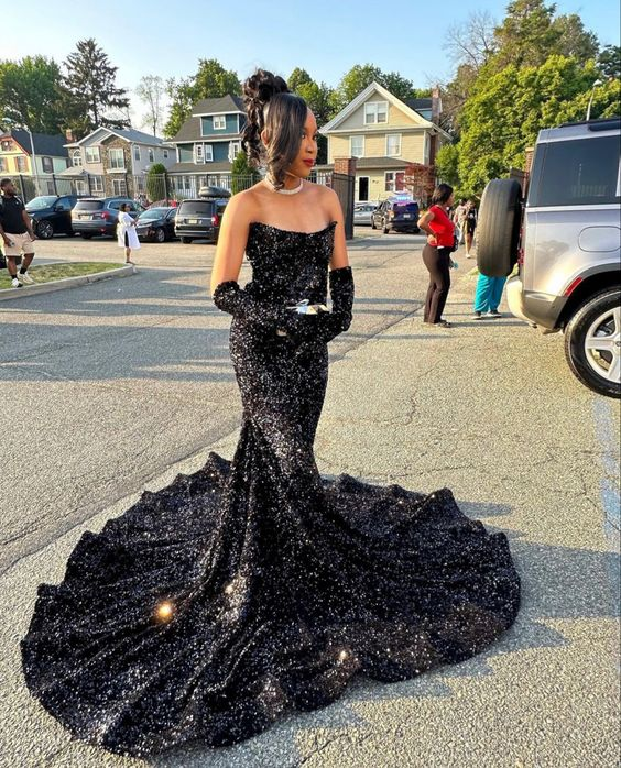 Elegantes schwarzes Pailletten-Meerjungfrauen-Ballkleid Schwarzes Abendkleid Y6133