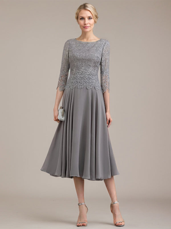 Vestido de gasa con encaje y escote redondo hasta la rodilla para madre de la novia