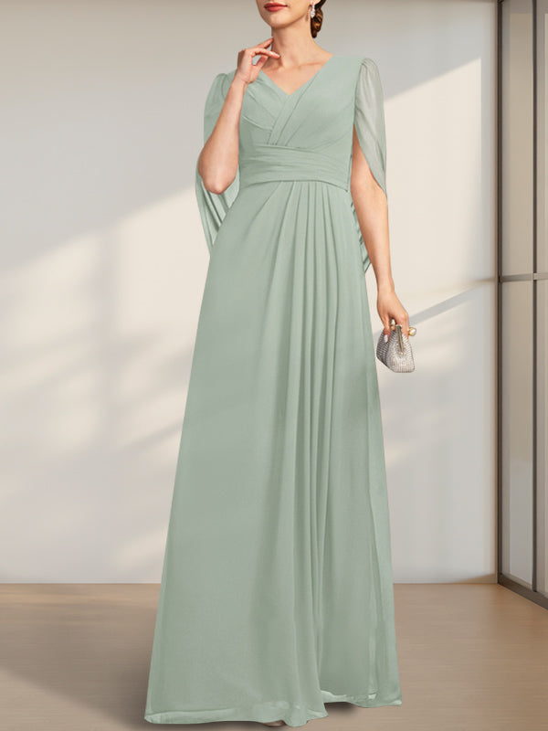 Vestido de gasa para madre de la novia con escote en V, largo hasta el suelo, con pliegues