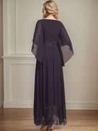Vestido de gasa con encaje y lentejuelas para madre de la novia, corte A, escote ilusión, largo hasta los tobillos