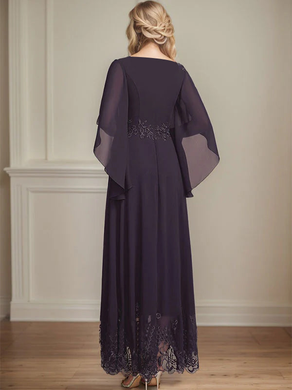 Vestido de gasa con encaje y lentejuelas para madre de la novia, corte A, escote ilusión, largo hasta los tobillos