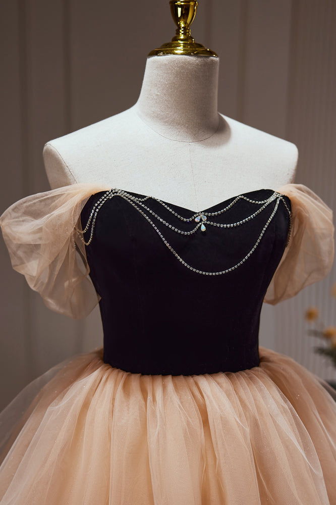 Schickes Champagner-Off-The-Shoulder-Tüll-Kurz-Heimkehrkleid mit Perlen 