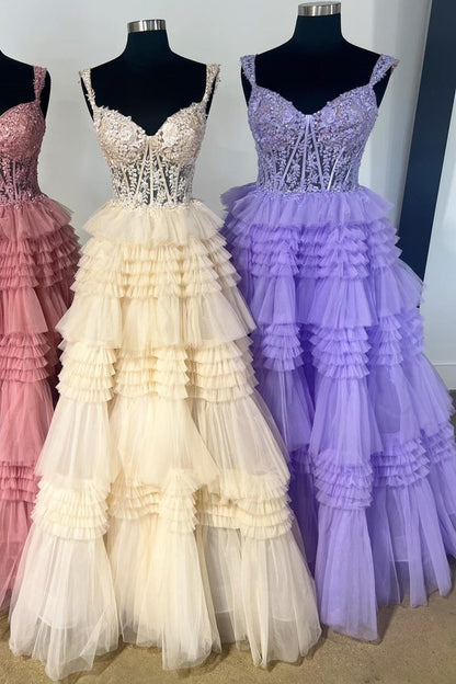 Tulle Off-the-Shoulder Ruffle Tiered Long Prom Dress