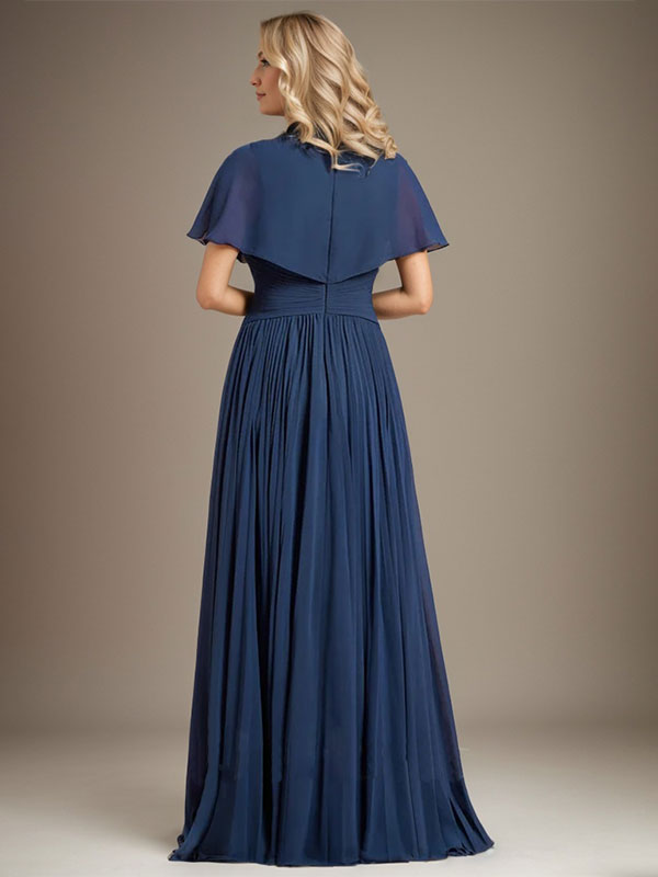 Vestido de gasa para madre de la novia, corte A, escote en V, largo hasta el suelo, con broche de cristal y plisado