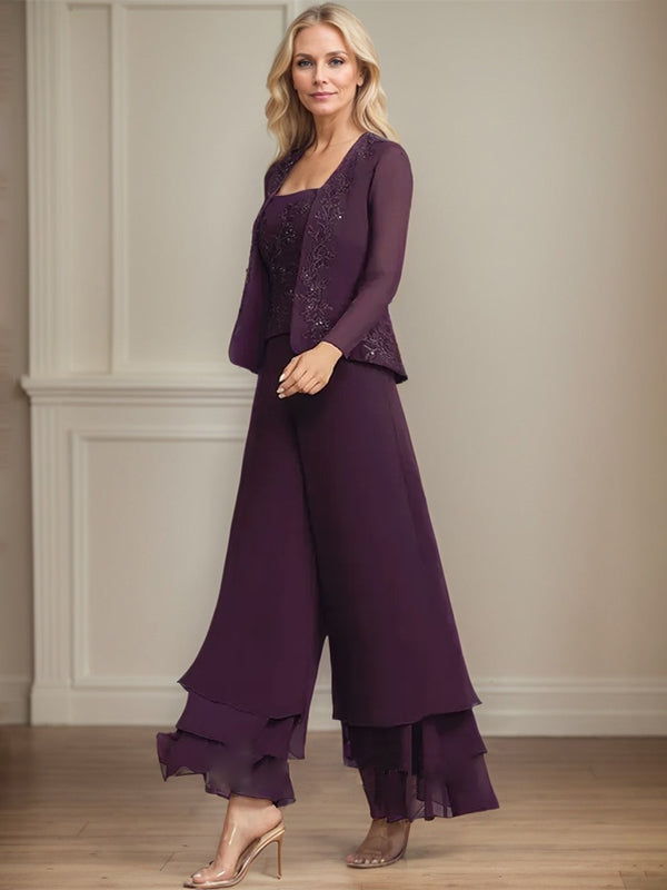 Separates Jumpsuit/Hosenanzug Quadratisches Knöchellanges Spitzenchiffonkleid für die Brautmutter mit Pailletten 