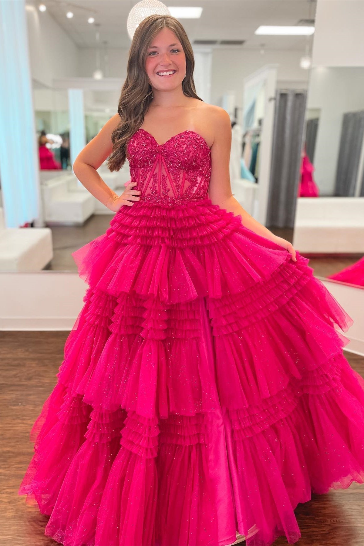 Fuchsia A-Line Sweetheart Tiered Tulle Prom Dress