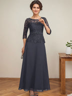 Vestido de gasa con encaje y escote en A, ilusión, largo hasta los tobillos, para madre de la novia con cuentas de diamantes de imitación