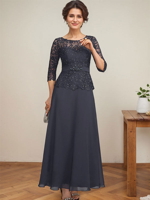 Vestido de gasa con encaje y escote en A, ilusión, largo hasta los tobillos, para madre de la novia con cuentas de diamantes de imitación