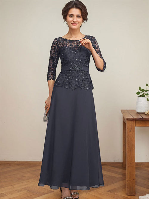 Vestido de gasa con encaje y escote en A, ilusión, largo hasta los tobillos, para madre de la novia con cuentas de diamantes de imitación