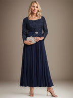 Vestido de gasa para madre de la novia con corte A, cuadrado, largo hasta los tobillos, con pliegues