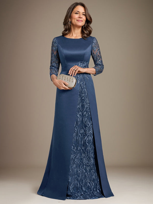 Vestido de madre de la novia de satén con encaje, corte A, largo hasta el suelo y apliques