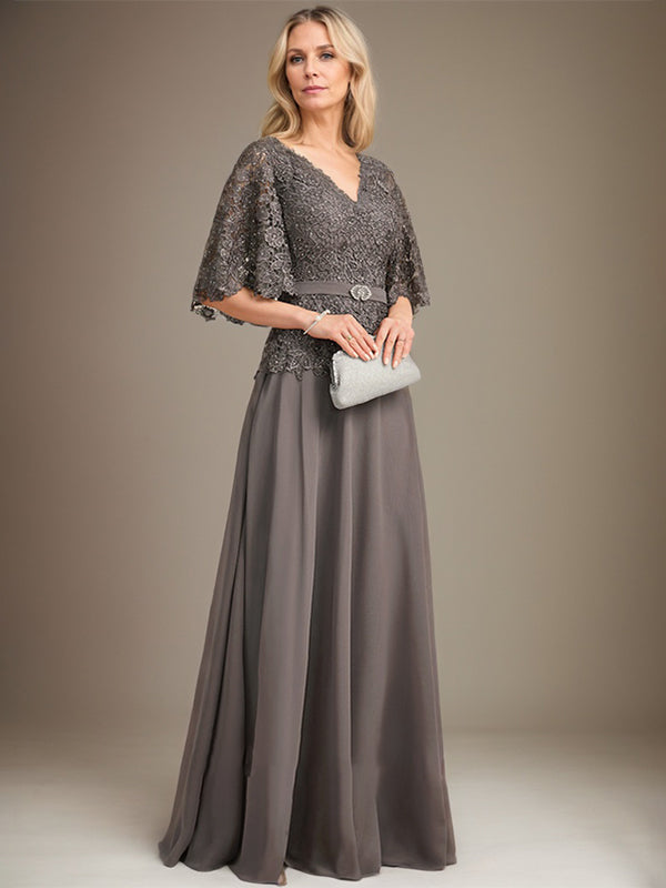 A-Linie V-Ausschnitt Bodenlanges Chiffon-Spitzenkleid für die Brautmutter mit Kristallbrosche und Strass 