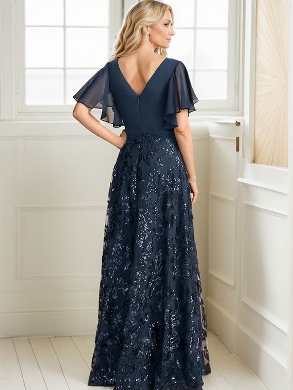 Vestido de madre de la novia de gasa con lentejuelas, encaje, escote en V y largo hasta el suelo, con pliegues