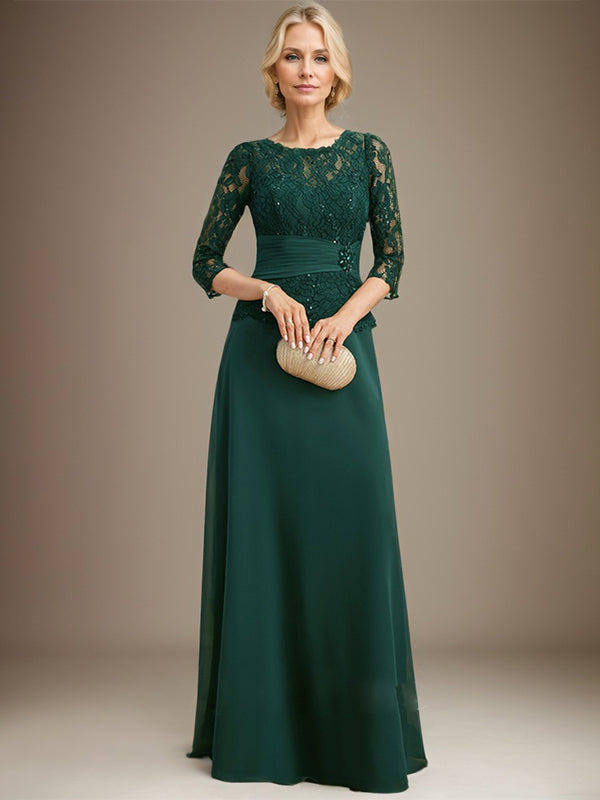 Vestido de gasa con encaje, corte A, ilusión, largo hasta el suelo, para madre de la novia, con lentejuelas plisadas y abalorios