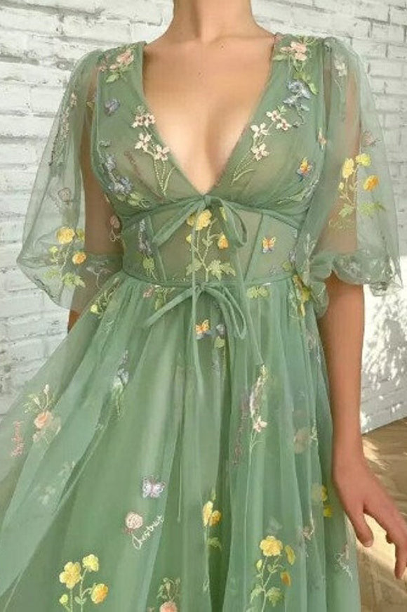 Grünes V-Ausschnitt Kurze Ärmel Knöchellanges Blumen Tüll Kurzes Ballkleid