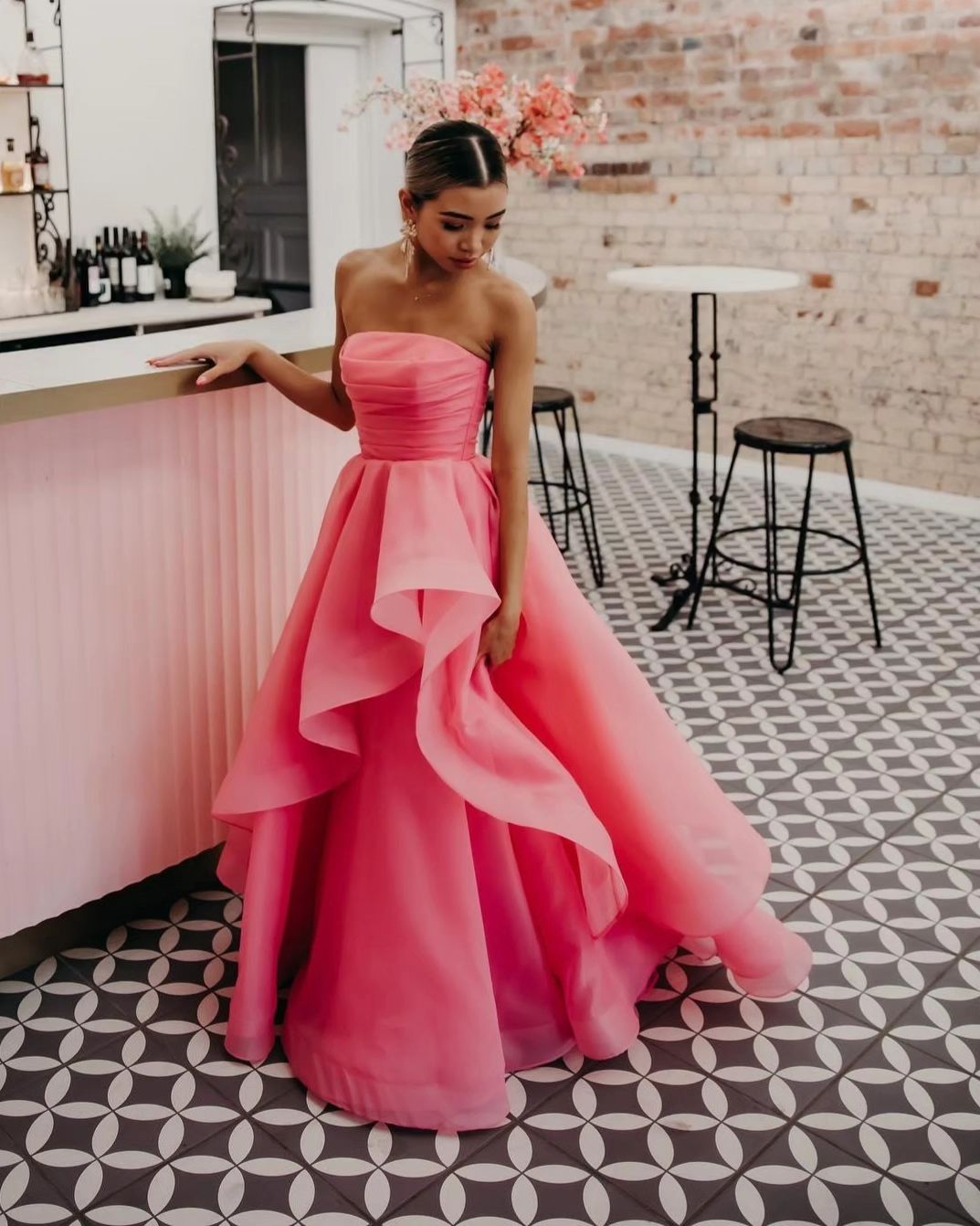 Elisa | Vestido de fiesta de organza rosa claro, corte A, sin tirantes