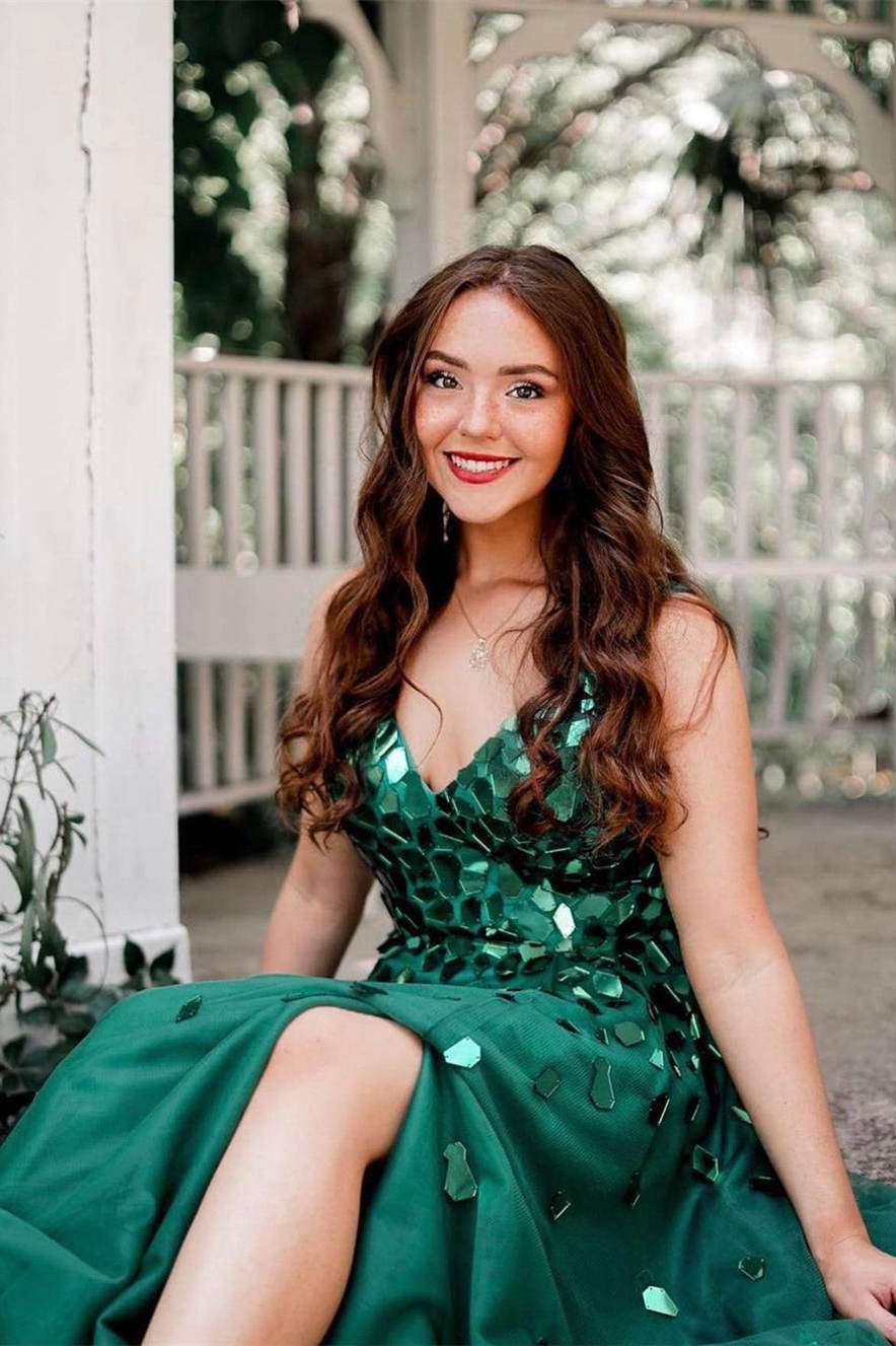Shelly | A-Linie Grünes langes Ballkleid mit V-Ausschnitt und Pailletten