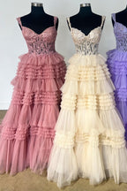 Tulle Off-the-Shoulder Ruffle Tiered Long Prom Dress